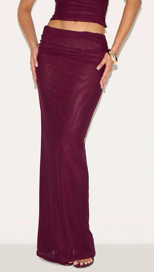 Wine Chiffon Mesh Maxi Skirt