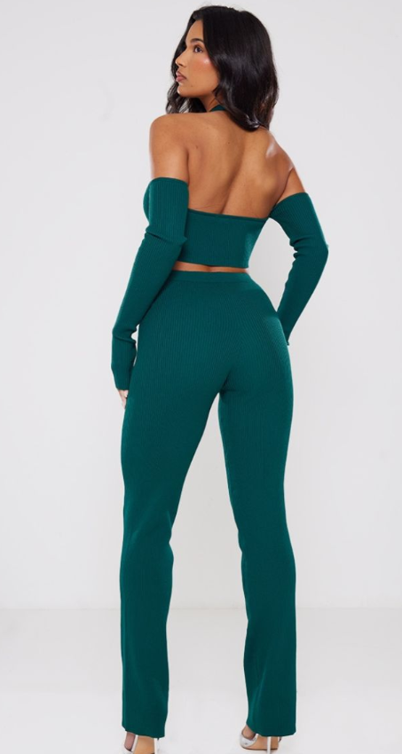 Plt - Emerald Green Rib Knit Cut Out Chain Detail Jumpsuit