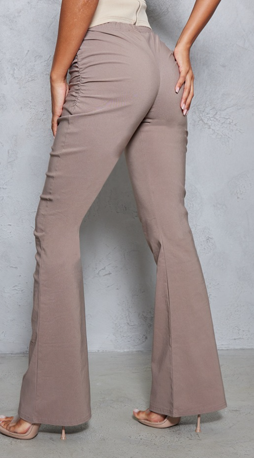 Mocha Stretch Woven Ruched Side Flare Pants