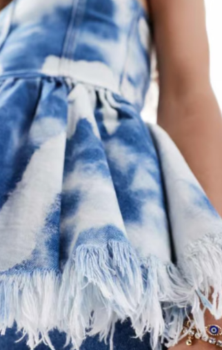Monki denim bandeau tube top with ruffle hem in blue tie dye