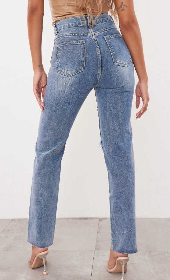 Mid Wash High Rise Ripped Straight Leg Jeans