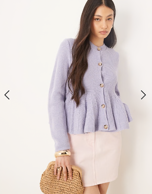 ASOS DESIGN crew neck cardigan with structured frill hem in blue