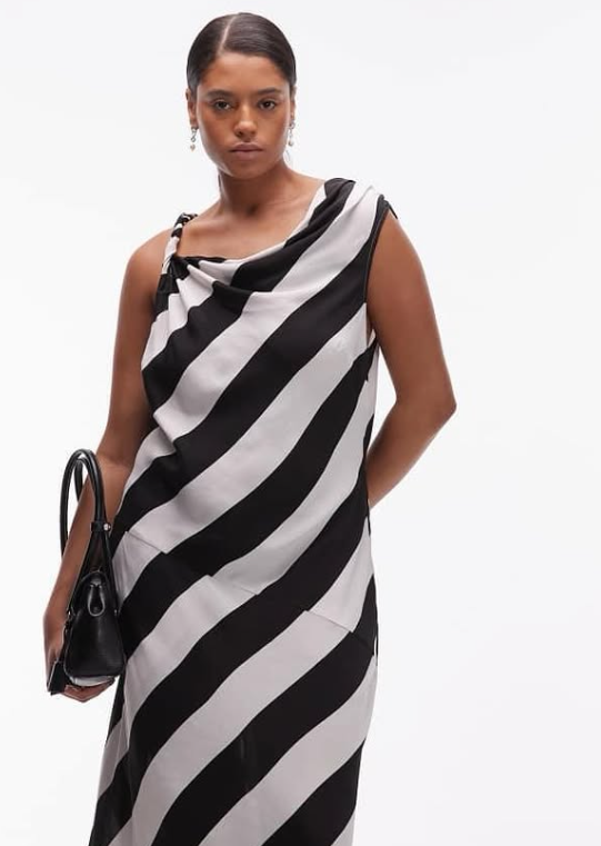 ASOS DESIGN Curve sheer cowl neck midi dress in black and white stripe