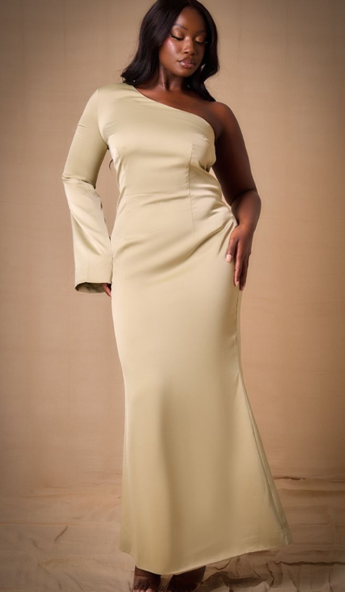 Plus Sage Bridesmaid Satin One Shoulder Flared Sleeve Maxi Dress