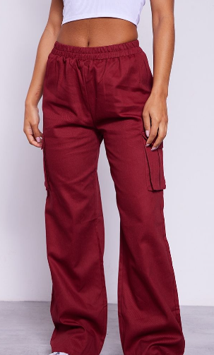 Oxblood Wide Leg High Waisted Cargo Trousers