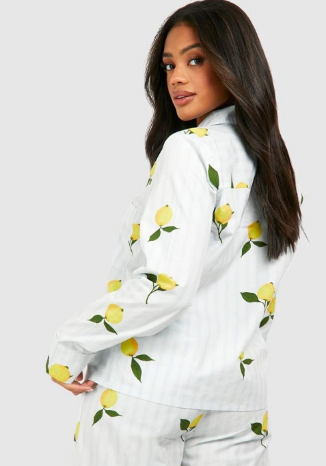 Boohoo Cotton Poplin Lemon Stripe Long Sleeve Pyjama Shirt