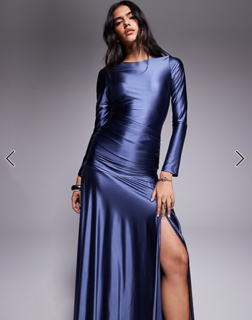Rare London jersey satin ruched waist side split floaty skirt maxi dress in dark blue