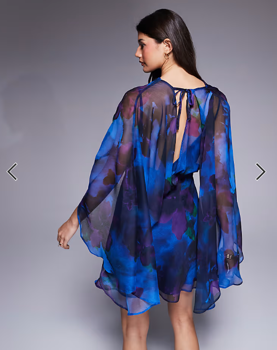 ASOS DESIGN high neck drape front extreme cape sleeve mini dress in blue floral