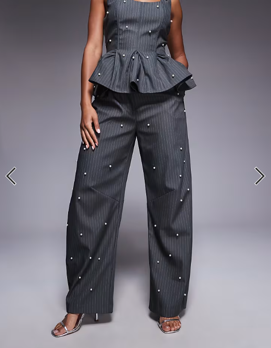 ASOS LUXE co-ord barrel trouser with pearls in grey pinstripe