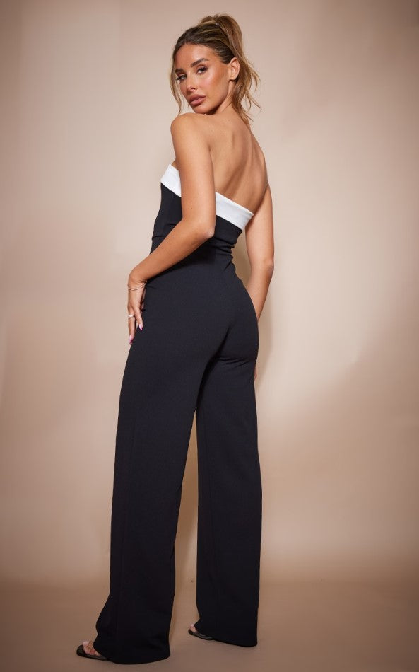 Black Crepe Contrast Fold Over Detail Wide Leg Jumpsuit