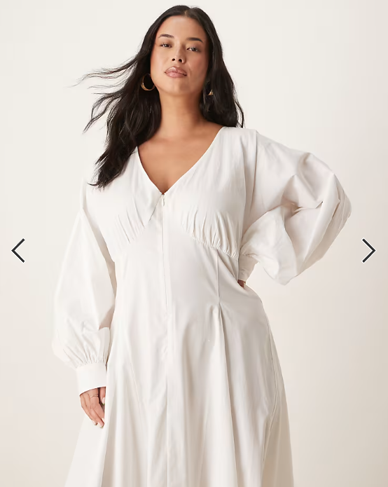 ASOS DESIGN Curve long sleeve v neck poplin maxi dress in white