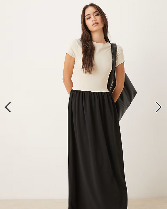 ASOS DESIGN slash neck hybrid dropped waist maxi dress in black and white