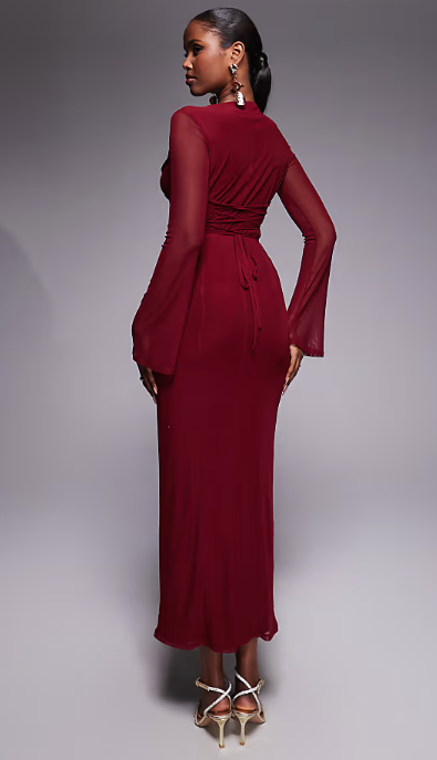 ASOS DESIGN mesh angel sleeve lace up back long sleeve maxi dress in burgundy
