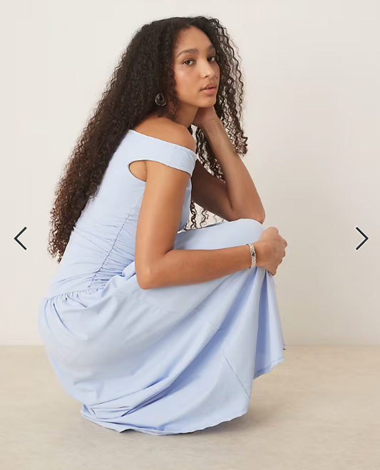 ASOS DESIGN slash neck fitted waist midi dress in baby blue