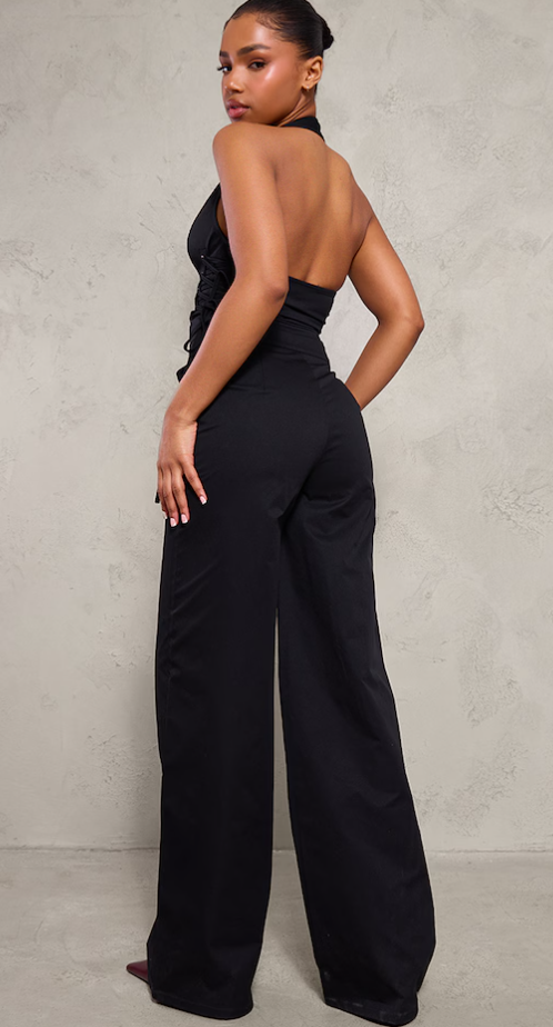 Black Woven Halter Zip Detail Lace Up Jumpsuit