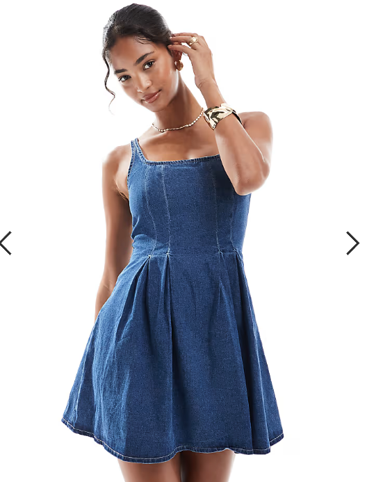 ASOS DESIGN denim square neck seam detail flared mini dress in mid blue