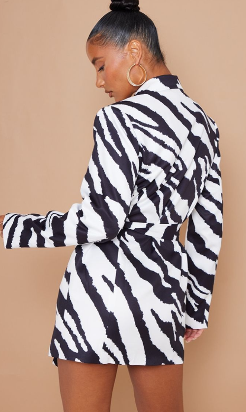 Plt - Monochrome Zebra Print Structured Tie Waist Blazer Dress