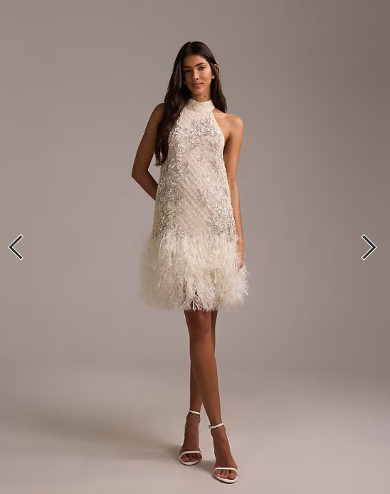 ASOS DESIGN floral embellished halter mini wedding dress with fringe hem in ivory