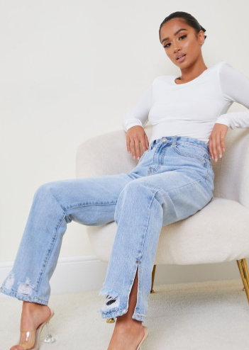 Petite Light Blue Wash Ripped Split Hem Straight Leg Jeans