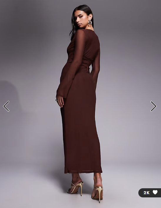 ASOS DESIGN mesh angel sleeve lace up back long sleeve maxi dress in chocolate