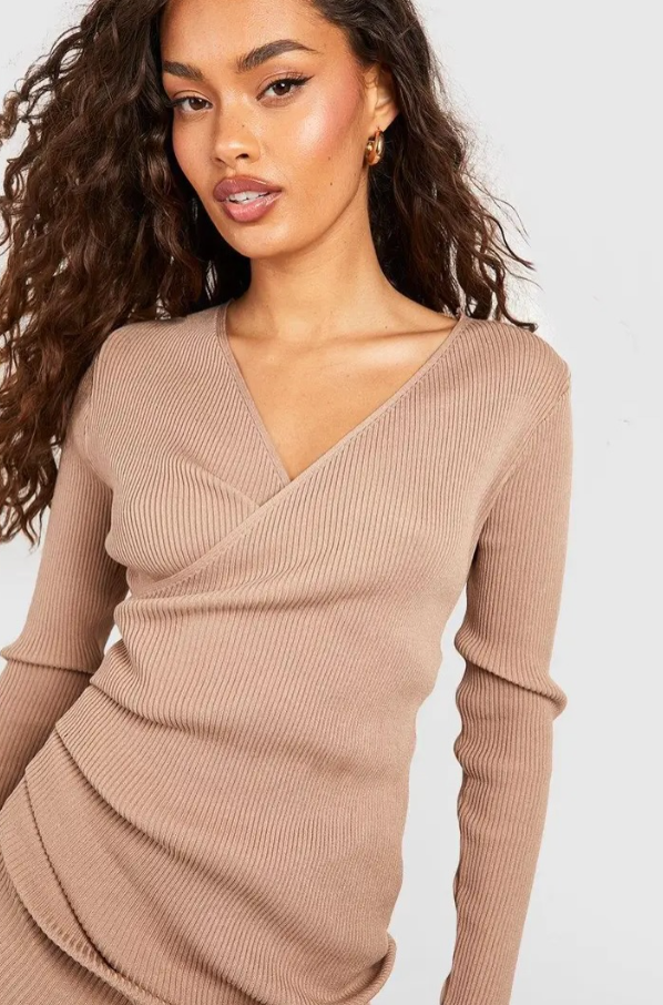boohoo Ruched Wrap Rib Knit Mini Dress