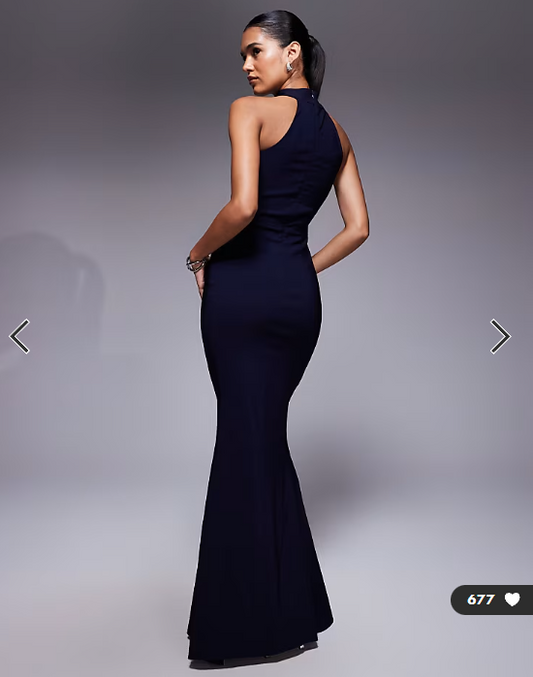 Vesper bengaline choker detail fishtail maxi dress in navy