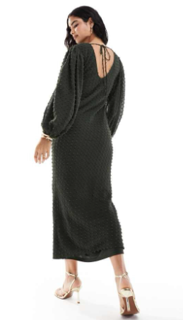 ASOS DESIGN dobby balloon sleeve midi dress in dark green