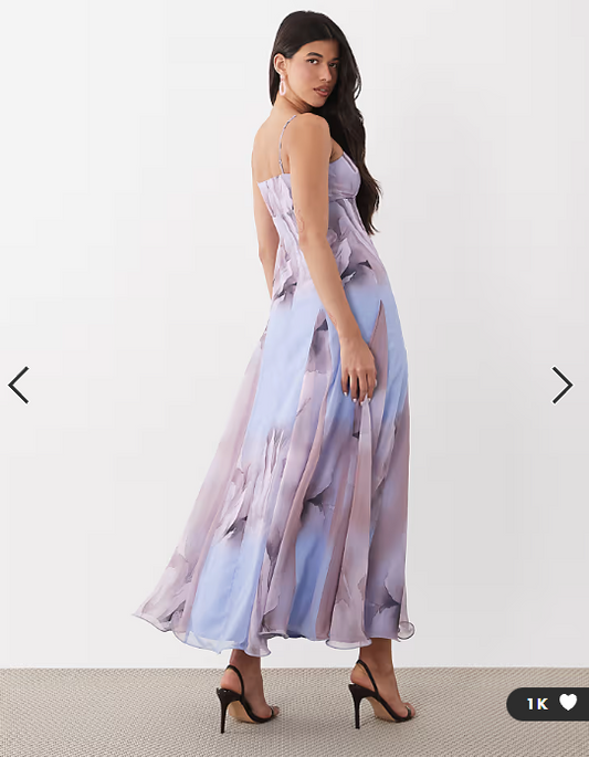 ASOS DESIGN chiffon strappy maxi dress with deep godets in lilac floral