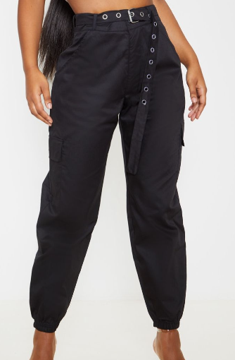 Black Eyelet Detail Belted Cargo Trousers