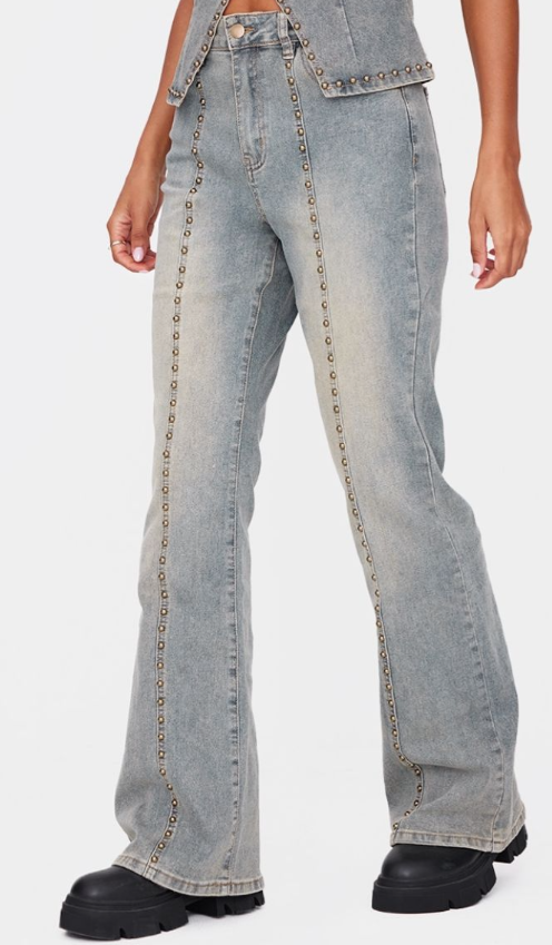 Plt - Vintage Washed Front Seam Studded Flared Jeans