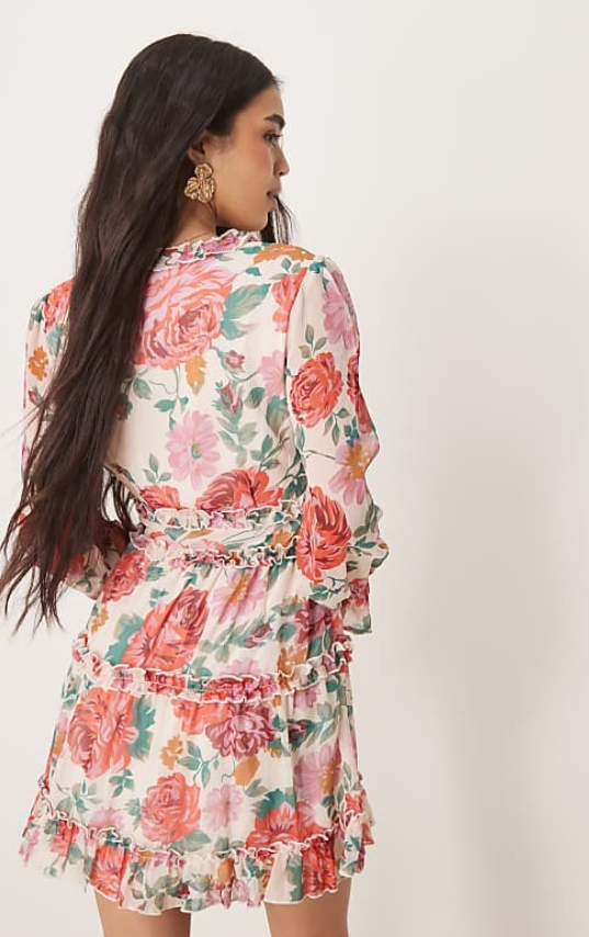 Vila chiffon frill detail mini dress in red rose print