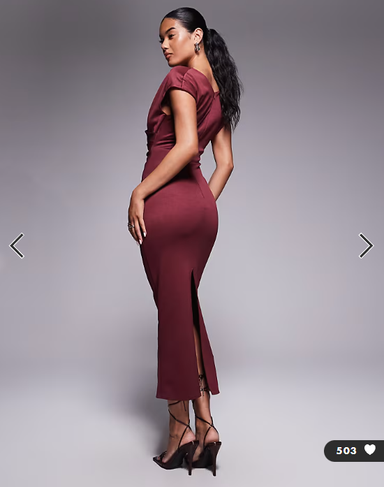 ASOS DESIGN structured midi dress with capped sleeve and draped cross front in dark berry