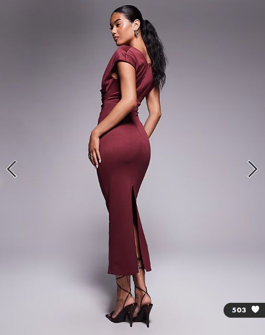 ASOS DESIGN structured midi dress with capped sleeve and draped cross front in dark berry