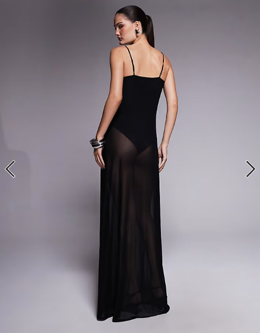 AFRM Shea sheer mesh bodysuit maxi dress in black