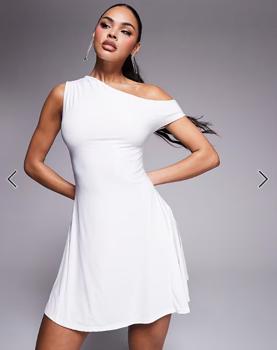 Kaiia exclusive double layered slinky off shoulder drape detail fitted waist mini skater dress in white