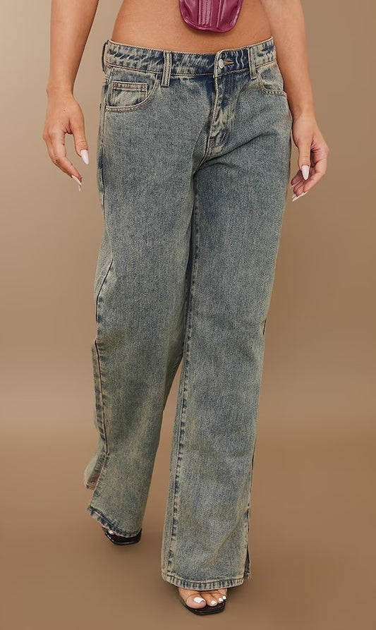 Vintage Wash Mid Rise Split Hem Jeans