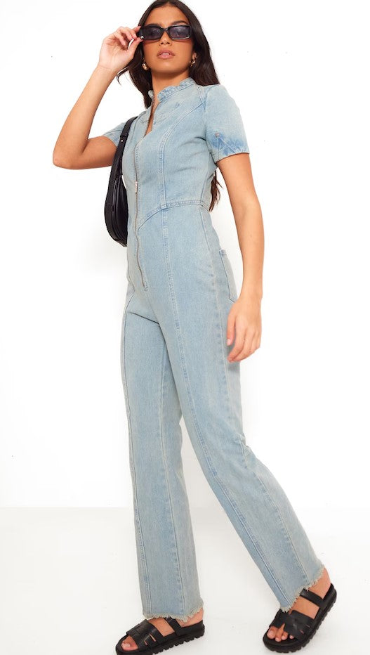 Light Blue Zip Up Racer Style Denim Jumpsuit