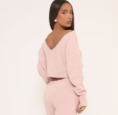 Tie Waist Wide Leg Trousers In Pink Fluffy Knit