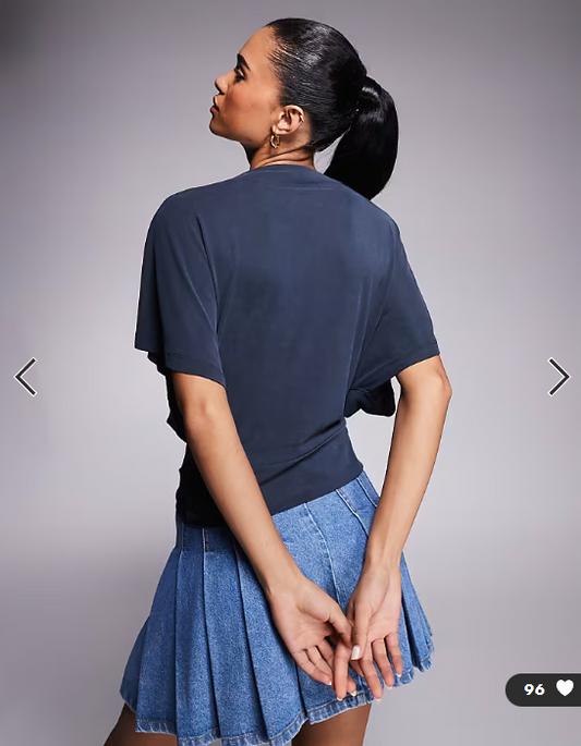 ASOS DESIGN grown on neck floaty batwring top with twist front detail in navy