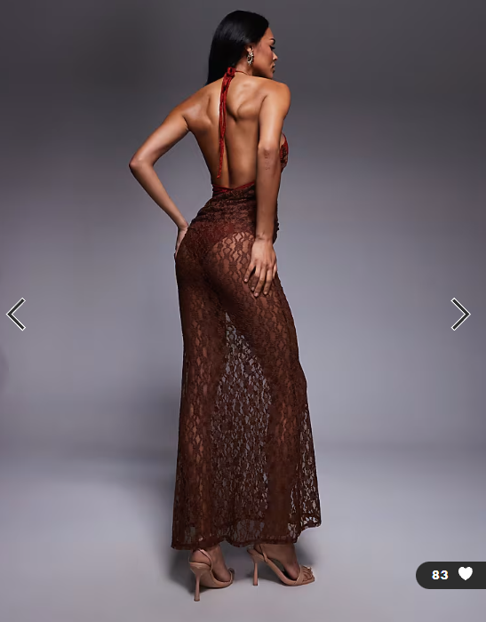 ASOS DESIGN lace halter maxi dress with twist skirt detail in red and chocolate