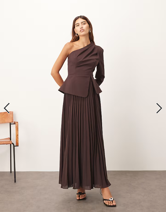 ARRANGE sculpted one shoulder maxi dress with micro pleat hem in chocolate