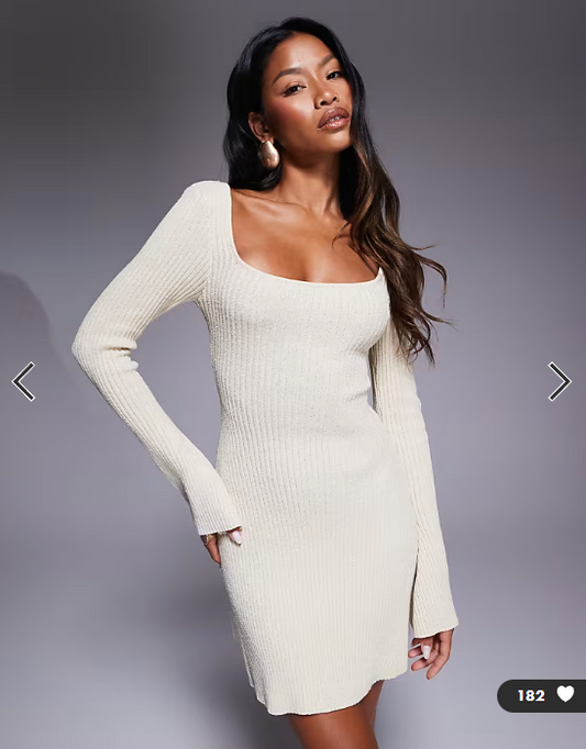 Princess Polly Brownhall ribbed knit flare sleeve open tie back mini dress in beige