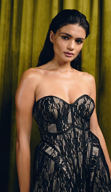 ASOS DESIGN lace corseted bandeau maxi dress with lace skirt in black