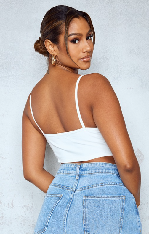 Cream V Neck Stretch Woven Crop Top