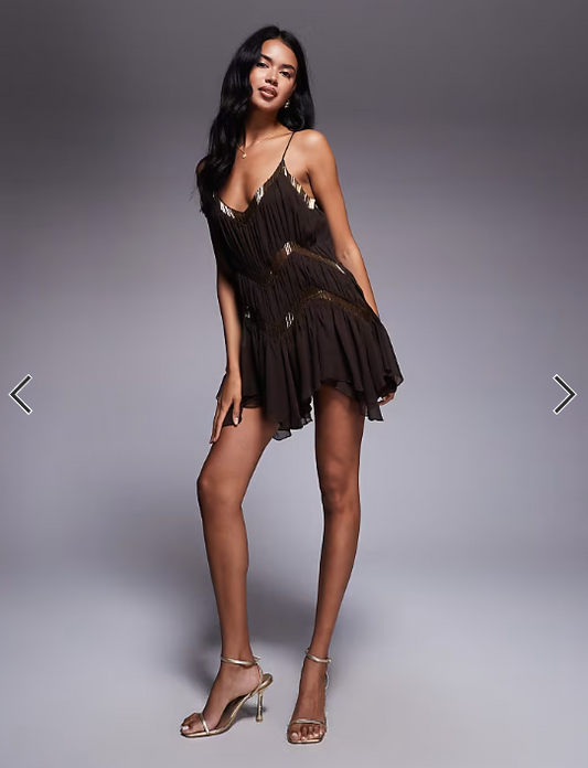 ASOS DESIGN slouchy embellished panels mini dress with uneven hem in chocolate