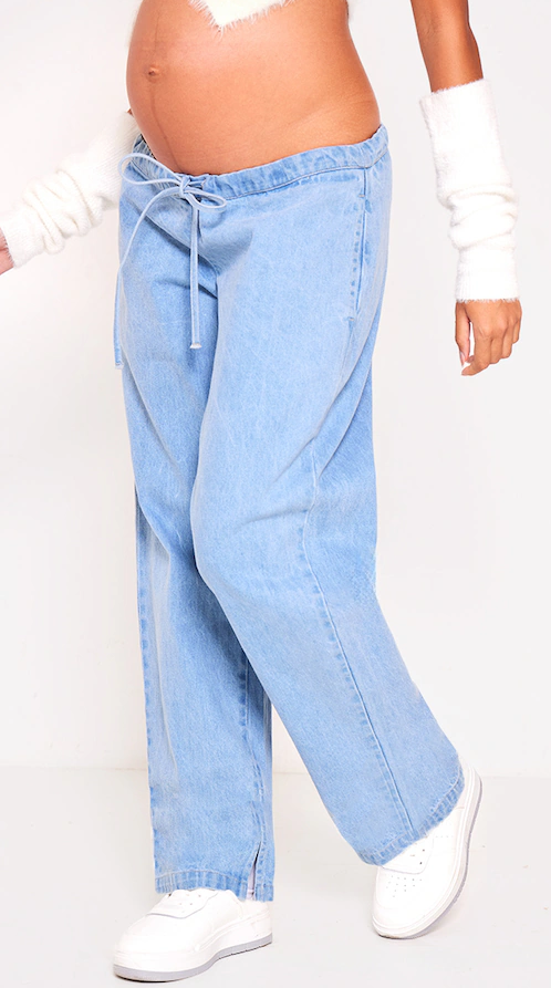 Maternity Washed Blue Under Bump Drawstring Straight Leg Jeans