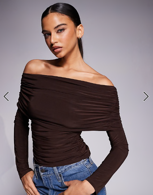 ASOS DESIGN slinky drape bardot long sleeve top in chocolate