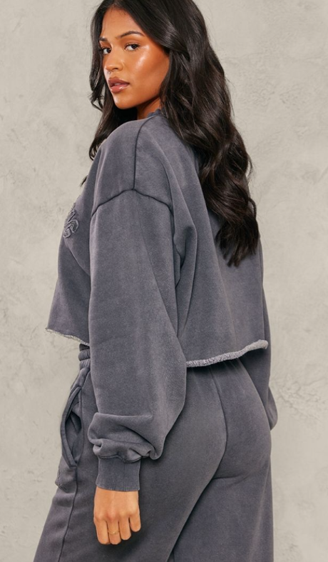 Plt - Tall Charcoal Blue Distressed Varsity Cropped Sweatshirt