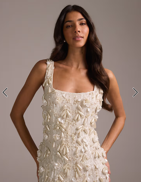 ASOS DESIGN pearl encrusted square neck maxi dress with beaded fringe in ivory
