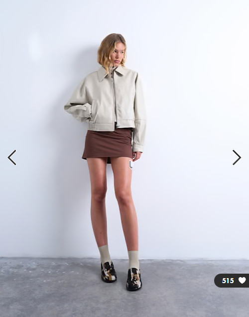 Topshop faux leather drop shoulder cropped zip thru jacket in ecru